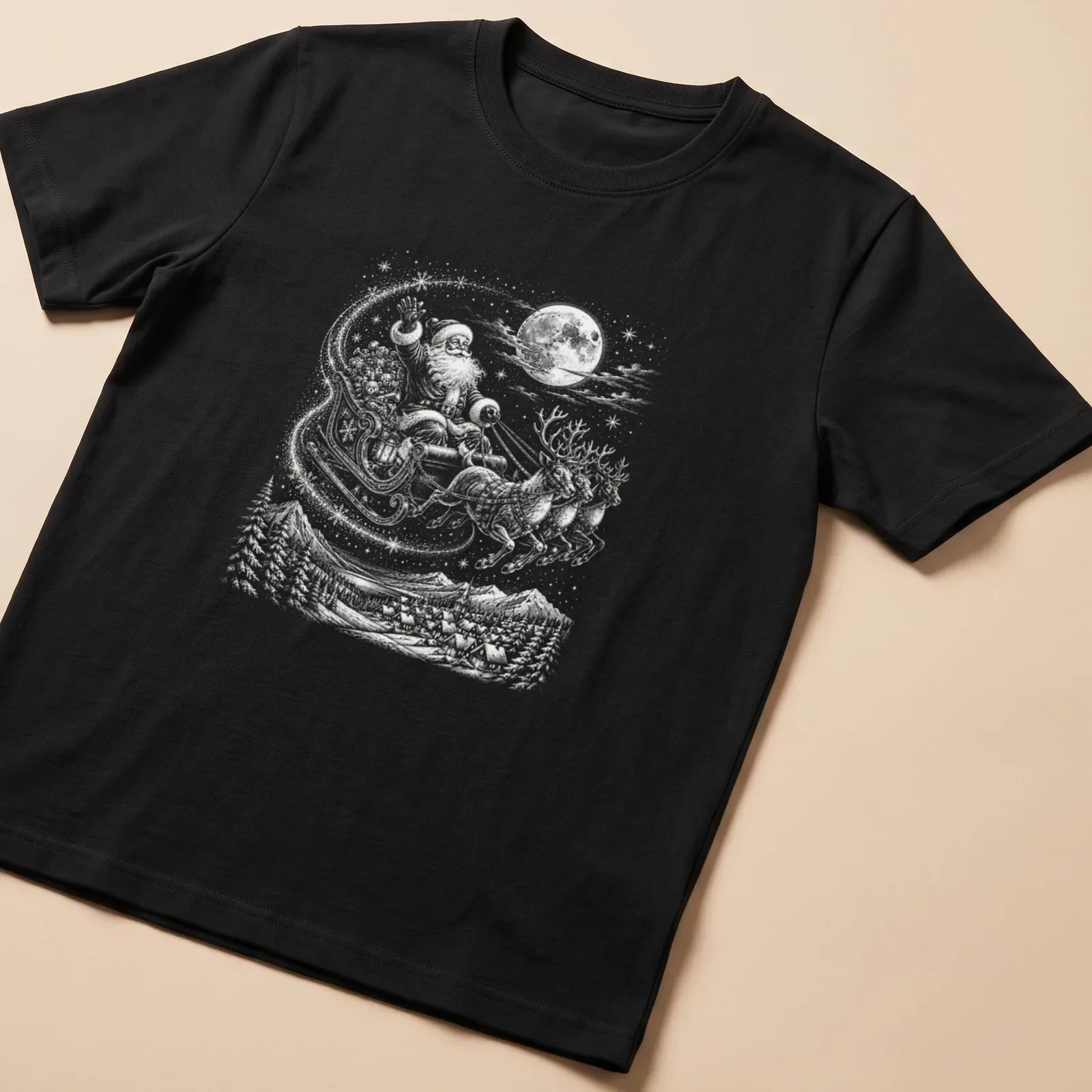 Vintage style Santa Claus with reindeer under a moonlit sky — printed on a unisex t-shirt