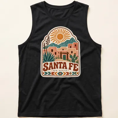 Vintage southwestern Santa Fe landscape t-shirt featuring rich colors — printed on a tank top