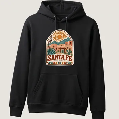 Vintage southwestern Santa Fe landscape t-shirt featuring rich colors — printed on a unisex hoodie