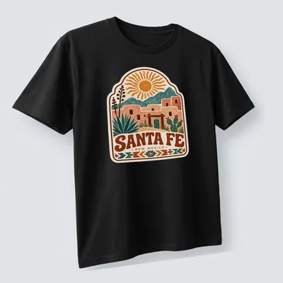 Vintage southwestern Santa Fe landscape t-shirt featuring rich colors — printed on a unisex t-shirt (angled view)