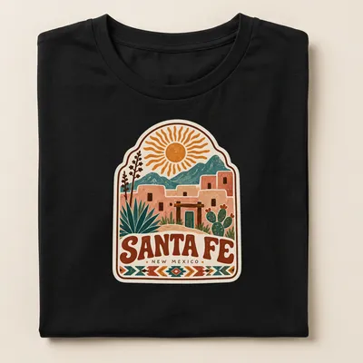 Vintage southwestern Santa Fe landscape t-shirt featuring rich colors — printed on a women's shirt