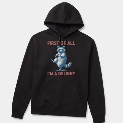 Vintage illustrated sassy raccoon with the text 'First Of All I'm A Delight' — printed on a unisex hoodie