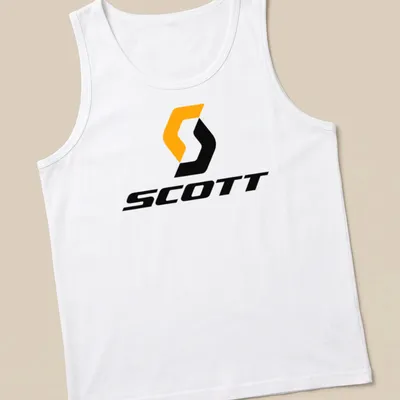 Modern Scott logo printed in orange and black on a — printed on a tank top