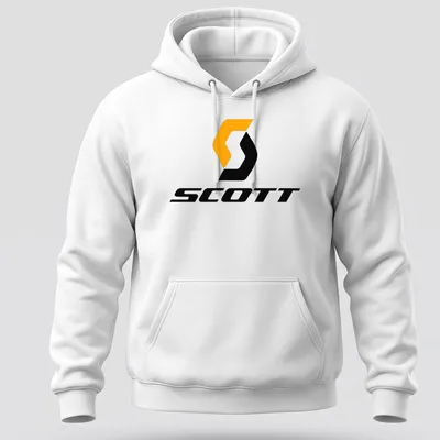 Modern Scott logo printed in orange and black on a — printed on a unisex hoodie