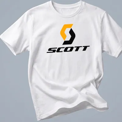 Modern Scott logo printed in orange and black on a T-shirt