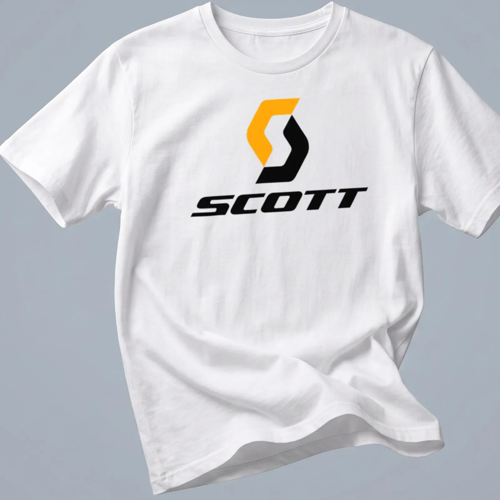 Modern Scott logo printed in orange and black on a — printed on a unisex t-shirt