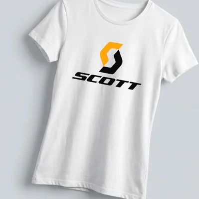 Modern Scott logo printed in orange and black on a — printed on a women's shirt