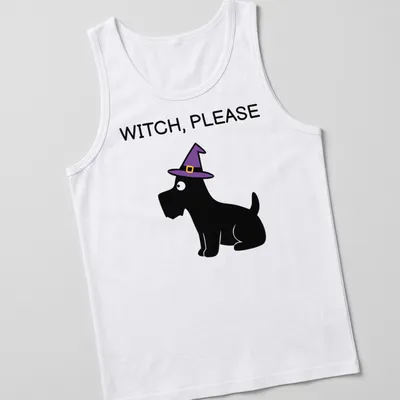 Cartoon Scottie dog in a witch hat with the text WITCH, PLEASE below — printed on a tank top