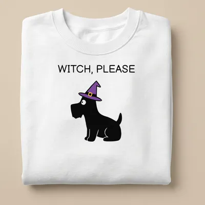 Cartoon Scottie dog in a witch hat with the text WITCH, PLEASE below — printed on a unisex sweatshirt
