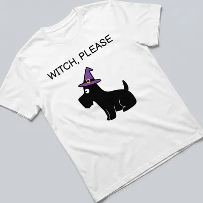 Cartoon Scottie dog in a witch hat with the text WITCH, PLEASE below