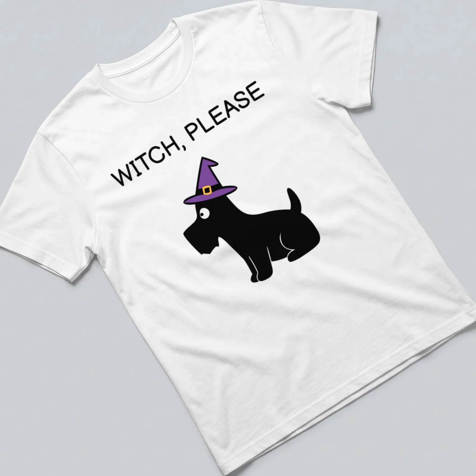 Cartoon Scottie dog in a witch hat with the text WITCH, PLEASE below — printed on a unisex t-shirt