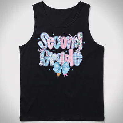 Colorful illustration featuring the text Second Grade and a bow design for teachers — printed on a tank top