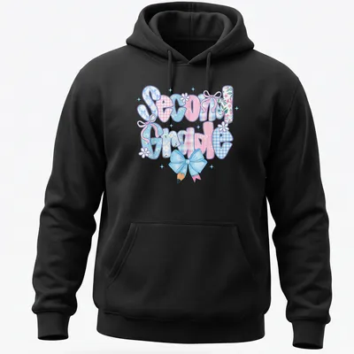Colorful illustration featuring the text Second Grade and a bow design for teachers — printed on a unisex hoodie