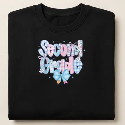 Colorful illustration featuring the text Second Grade and a bow design for teachers — printed on a unisex sweatshirt