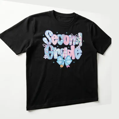 Colorful illustration featuring the text Second Grade and a bow design for teachers — printed on a unisex t-shirt (angled view)