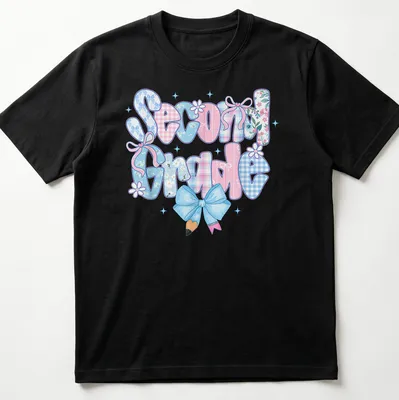 Colorful illustration featuring the text Second Grade and a bow design for teachers