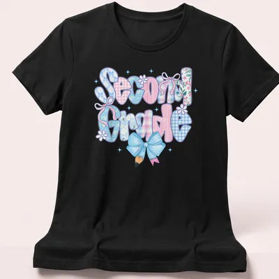 Colorful illustration featuring the text Second Grade and a bow design for teachers — printed on a women's shirt
