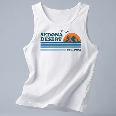 Vintage retro Sedona Desert T-shirt with mountains and cacti in orange and blue — printed on a tank top