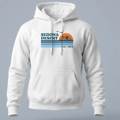 Vintage retro Sedona Desert T-shirt with mountains and cacti in orange and blue — printed on a unisex hoodie