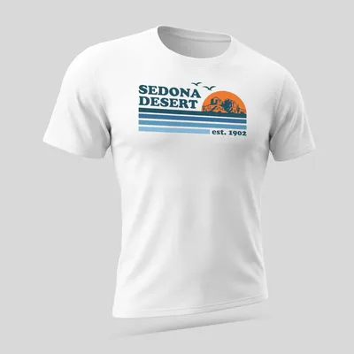 Vintage retro Sedona Desert T-shirt with mountains and cacti in orange and blue — printed on a unisex t-shirt (angled view)