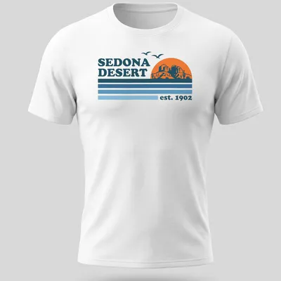 Vintage retro Sedona Desert T-shirt with mountains and cacti in orange and blue