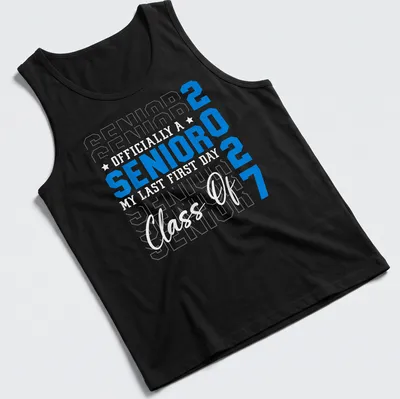 Bold typography shirt celebrating Senior Class of 2027 with blue and white colors — printed on a tank top