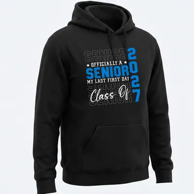 Bold typography shirt celebrating Senior Class of 2027 with blue and white colors — printed on a unisex hoodie