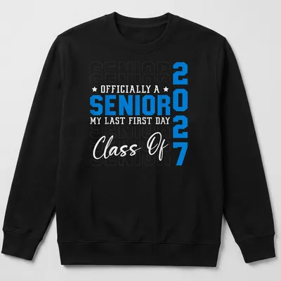 Bold typography shirt celebrating Senior Class of 2027 with blue and white colors — printed on a unisex sweatshirt