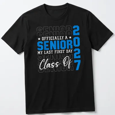 Bold typography shirt celebrating Senior Class of 2027 with blue and white colors