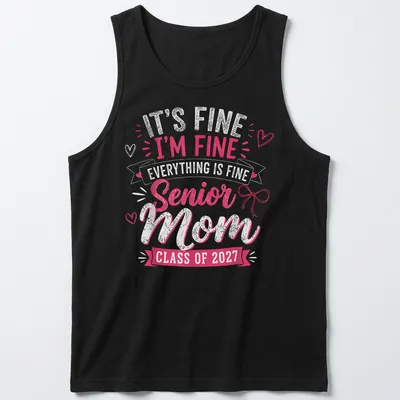Playful typography senior mom t-shirt for Class of 2027 graduation — printed on a tank top