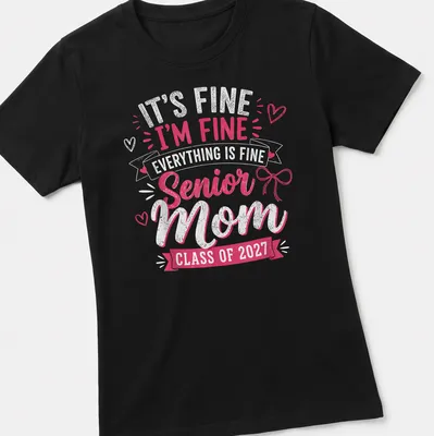 Playful typography senior mom t-shirt for Class of 2027 graduation — printed on a women's shirt
