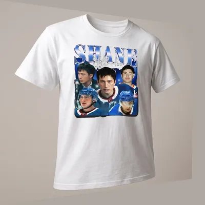 Vintage 90s T-shirt featuring Shane Hollander in nostalgic colors. — printed on a unisex t-shirt (angled view)