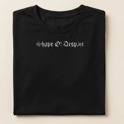 Modern abstract Shape of Despair t-shirt in black, white, and gray. — printed on a women's shirt