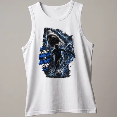 Illustration of a shark in soccer gear with the text 'Every Match Is Hunt Day' — printed on a tank top