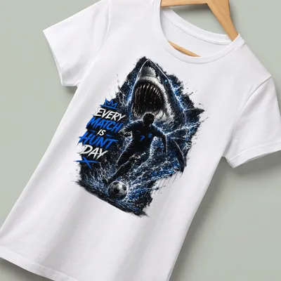 Illustration of a shark in soccer gear with the text 'Every Match Is Hunt Day' — printed on a women's shirt