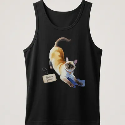 Colorful illustration of a stretching Siamese cat with text Siamese Grace — printed on a tank top