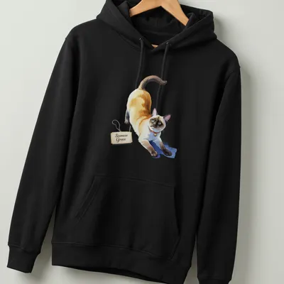 Colorful illustration of a stretching Siamese cat with text Siamese Grace — printed on a unisex hoodie