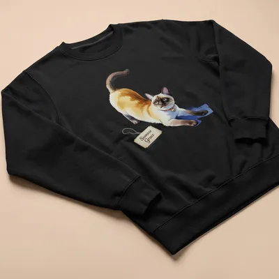 Colorful illustration of a stretching Siamese cat with text Siamese Grace — printed on a unisex sweatshirt