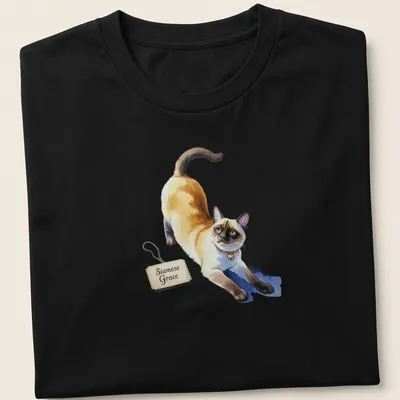 Colorful illustration of a stretching Siamese cat with text Siamese Grace