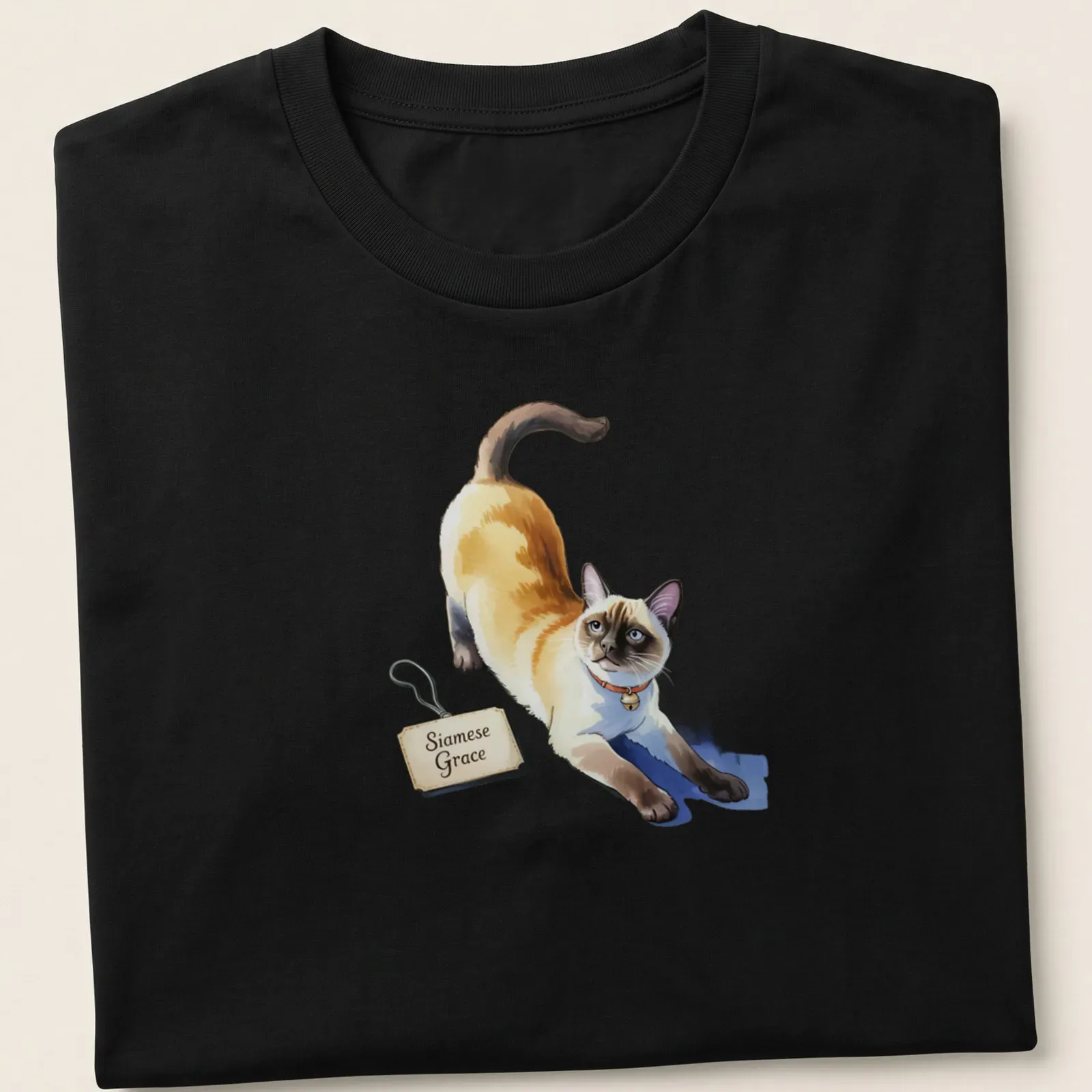 Colorful illustration of a stretching Siamese cat with text Siamese Grace — printed on a unisex t-shirt