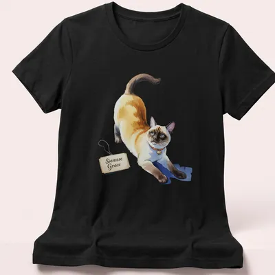 Colorful illustration of a stretching Siamese cat with text Siamese Grace — printed on a women's shirt