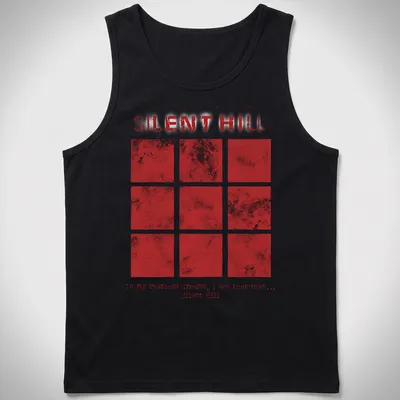 Grunge Silent Hill t-shirt featuring haunting text in red and white — printed on a tank top
