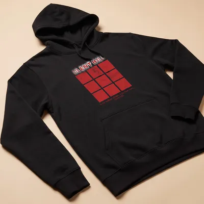Grunge Silent Hill t-shirt featuring haunting text in red and white — printed on a unisex hoodie