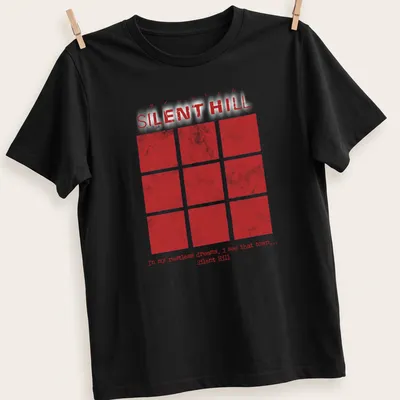 Grunge Silent Hill t-shirt featuring haunting text in red and white