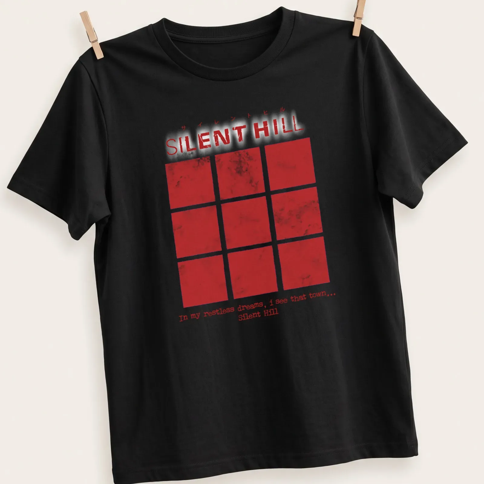 Grunge Silent Hill t-shirt featuring haunting text in red and white — printed on a unisex t-shirt