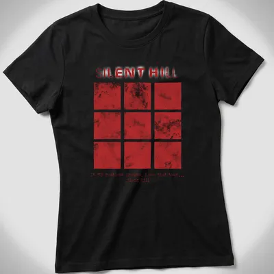 Grunge Silent Hill t-shirt featuring haunting text in red and white — printed on a women's shirt