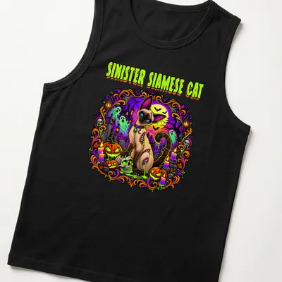 Vibrant spooky graphic of a Siamese cat with Halloween motifs in purple, green, orange, and black — printed on a tank top