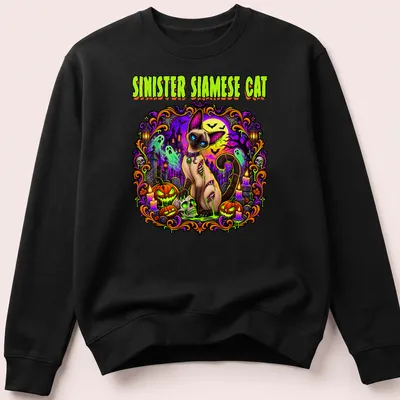 Vibrant spooky graphic of a Siamese cat with Halloween motifs in purple, green, orange, and black — printed on a unisex sweatshirt