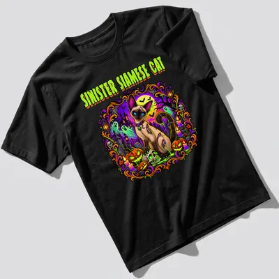 Vibrant spooky graphic of a Siamese cat with Halloween motifs in purple, green, orange, and black