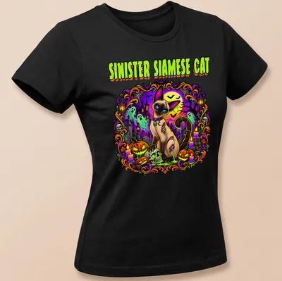 Vibrant spooky graphic of a Siamese cat with Halloween motifs in purple, green, orange, and black — printed on a women's shirt